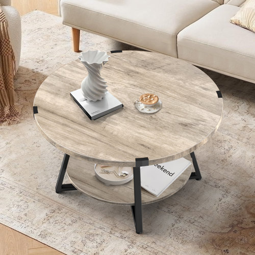 17 Stories Jahaira Round Coffee Table with 2-Tier Storage Shelves ...